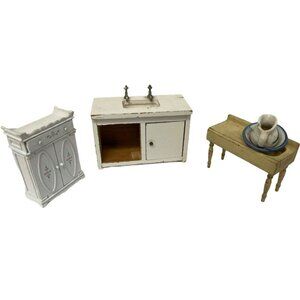 Vintage‎ Miniature Doll House Kitchen Table Sink Table Bowl Pitcher